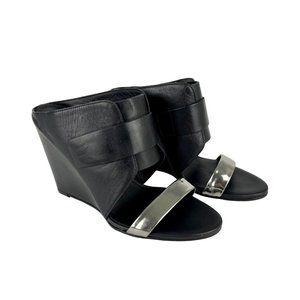 Vince Karima Wedge Mule Slide Sandals Black Leather Silver Detail size 8.5
